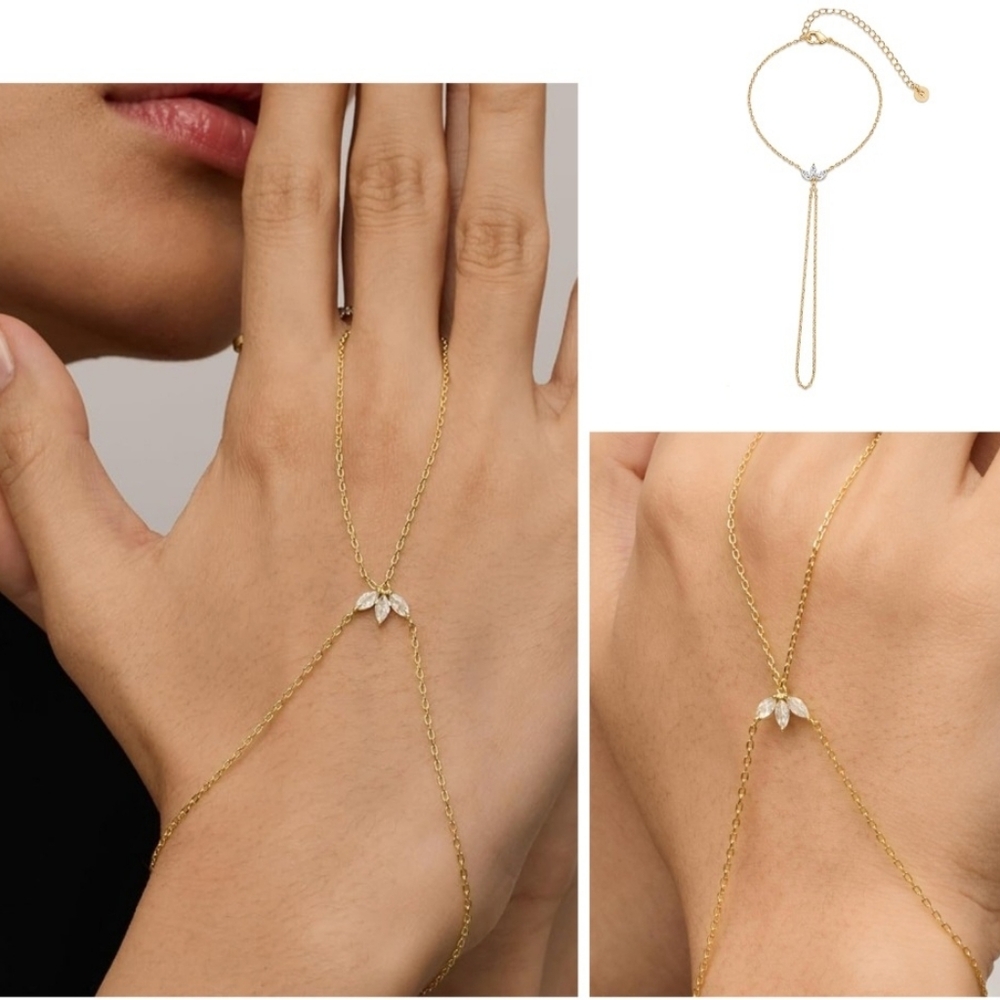 New PAVOI Lotus 14K Gold Plated Hand Chain Bracelet & Ring Body Cubic Zirconia